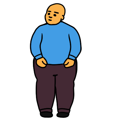 A person with achrondoplasia standing facing the viewer. They are emoji yellow and are wearing a blue long-sleeved shirt and light purple trousers.